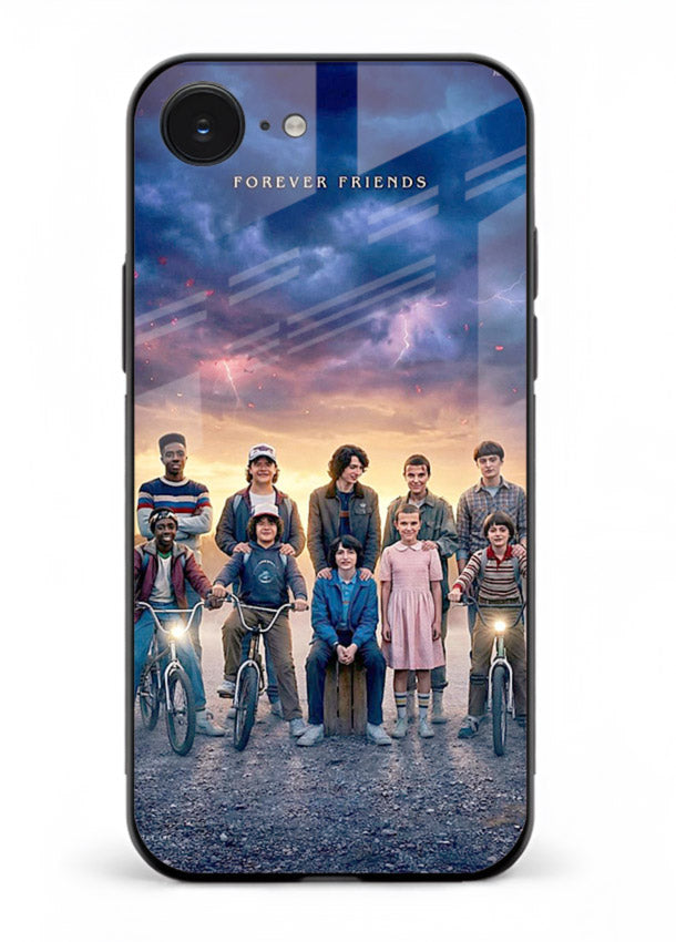Adventure friends squad artwork printed on premium tempered glass iPhone 16E back cover