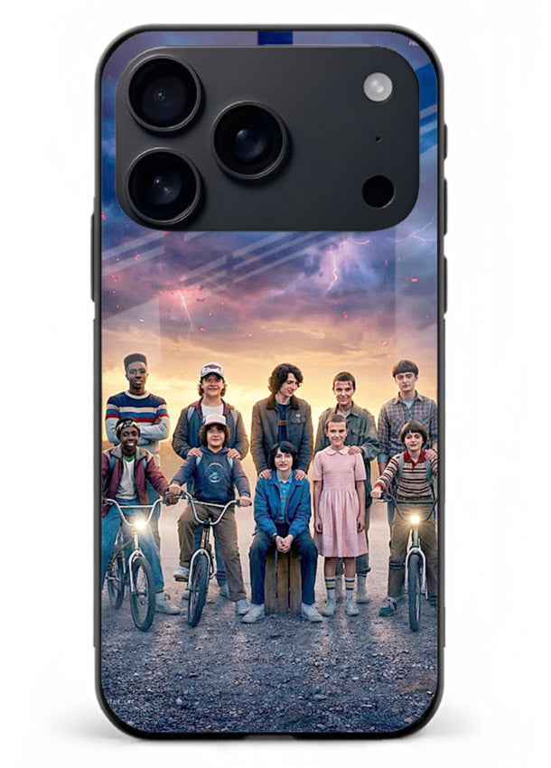 Adventure friends squad artwork printed on premium tempered glass iPhone 17 Pro Max back cover