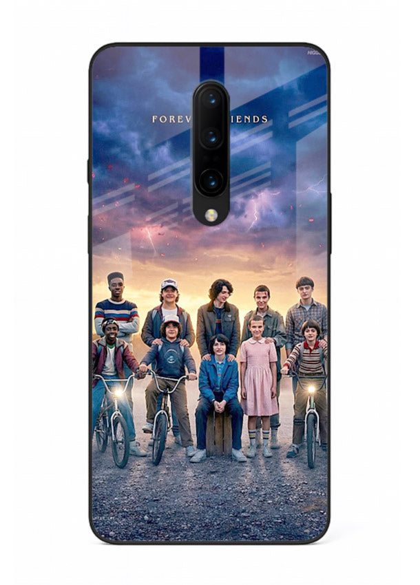 Adventure friends squad artwork printed on premium tempered glass OnePlus 7T Pro back cover