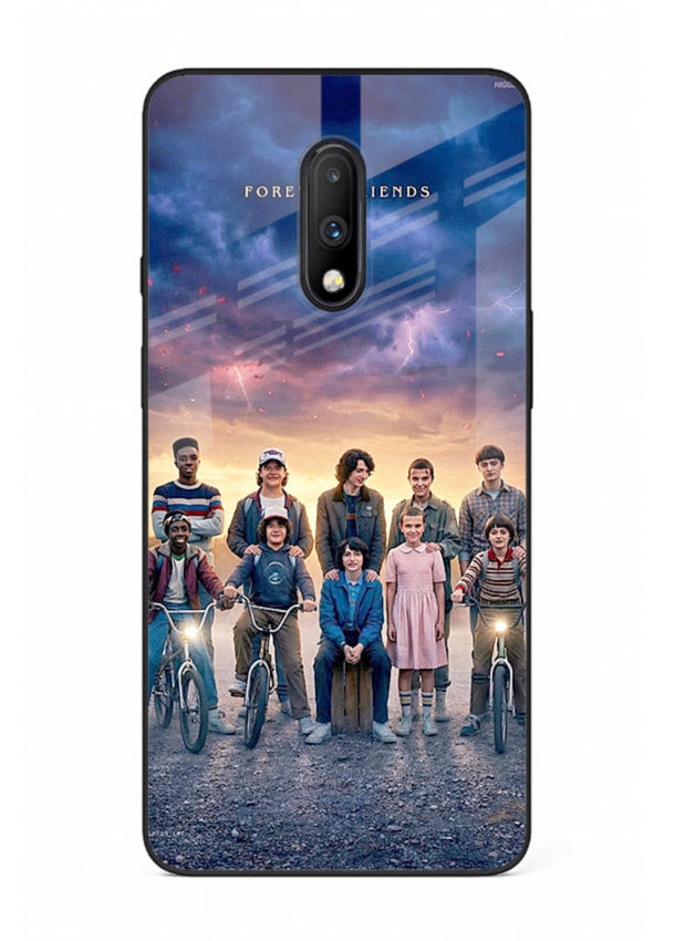 Adventure friends squad artwork printed on premium tempered glass OnePlus 7 back cover