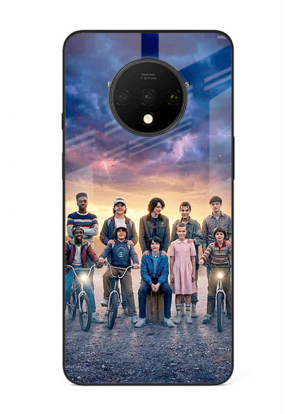 Adventure friends squad artwork printed on premium tempered glass OnePlus 7T back cover