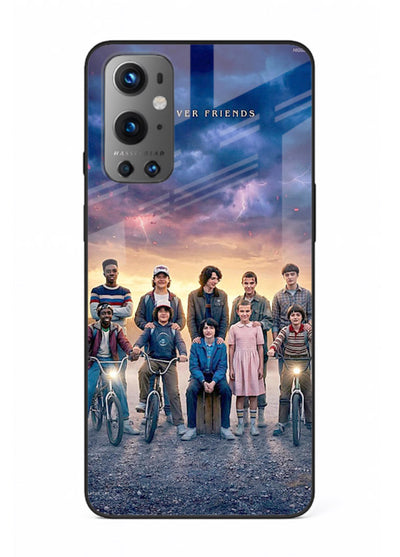 Adventure friends squad artwork printed on premium tempered glass OnePlus 9 back cover