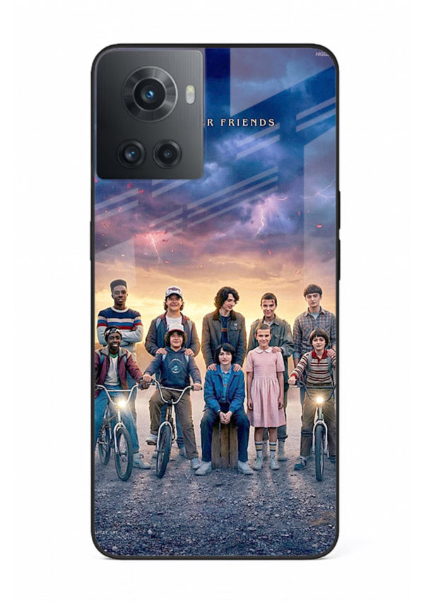 Adventure friends squad artwork printed on premium tempered glass OnePlus 10R back cover