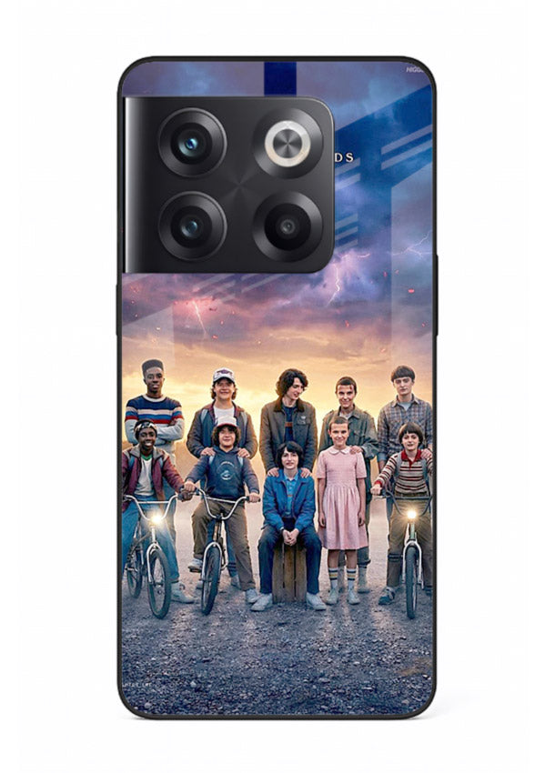 Adventure friends squad artwork printed on premium tempered glass OnePlus 10T back cover