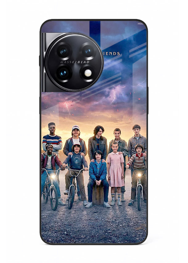 Adventure friends squad artwork printed on premium tempered glass OnePlus 11R back cover