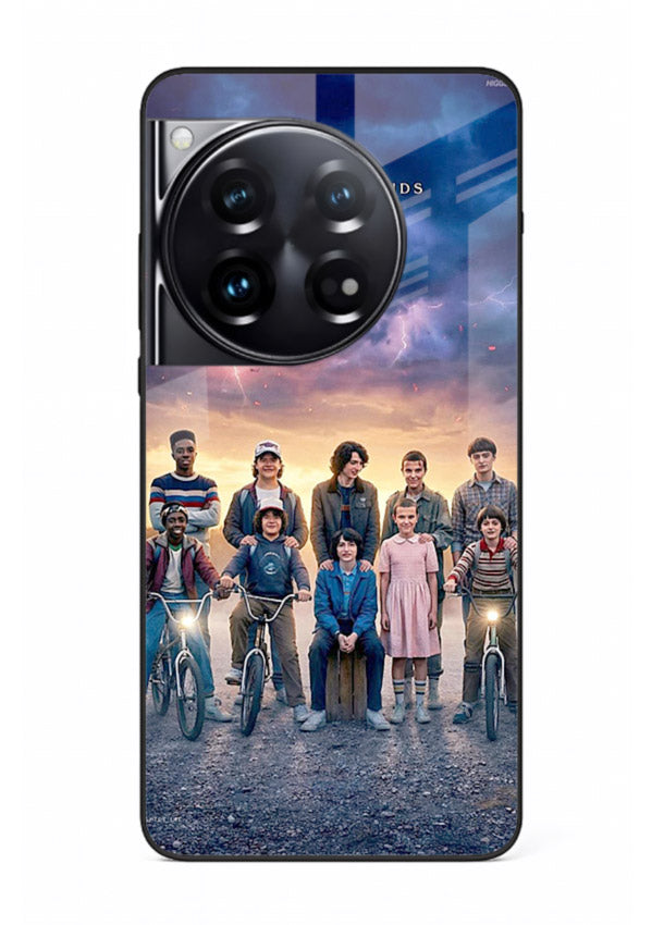 Adventure friends squad artwork printed on premium tempered glass OnePlus 12 back cover