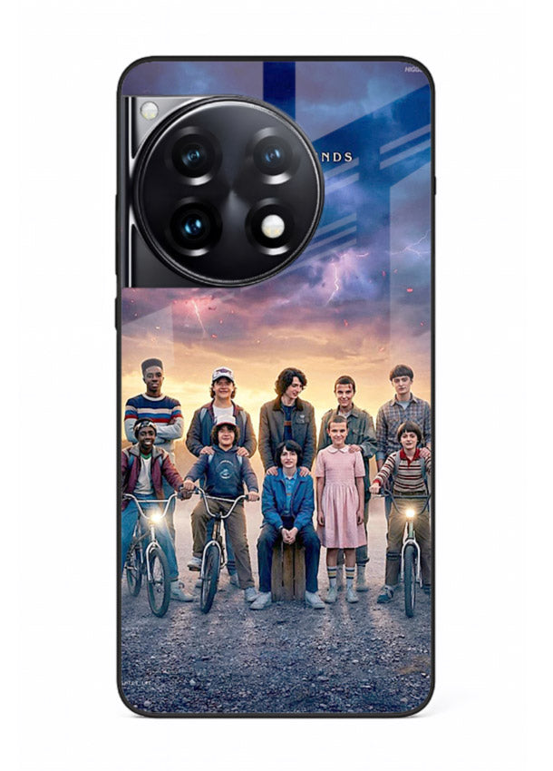 Adventure friends squad artwork printed on premium tempered glass OnePlus 12R back cover
