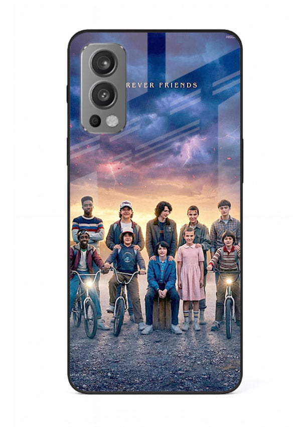 Adventure friends squad artwork printed on premium tempered glass OnePlus Nord 2 back cover