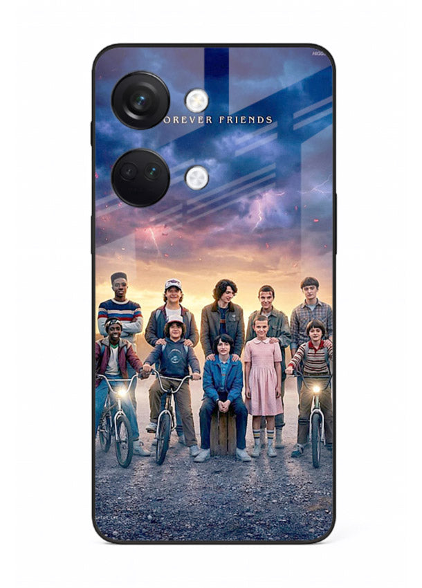 Adventure friends squad artwork printed on premium tempered glass OnePlus Nord 3 back cover