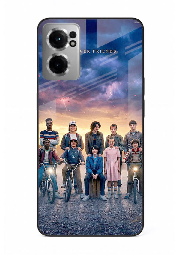 Adventure friends squad artwork printed on premium tempered glass OnePlus Nord CE2 5G back cover