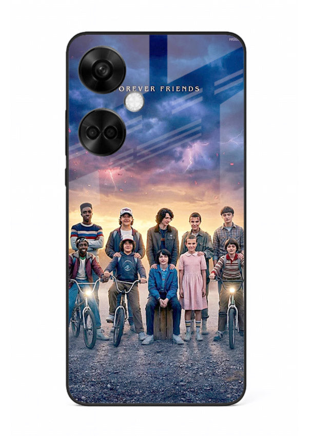 Adventure friends squad artwork printed on premium tempered glass OnePlus Nord CE3 back cover