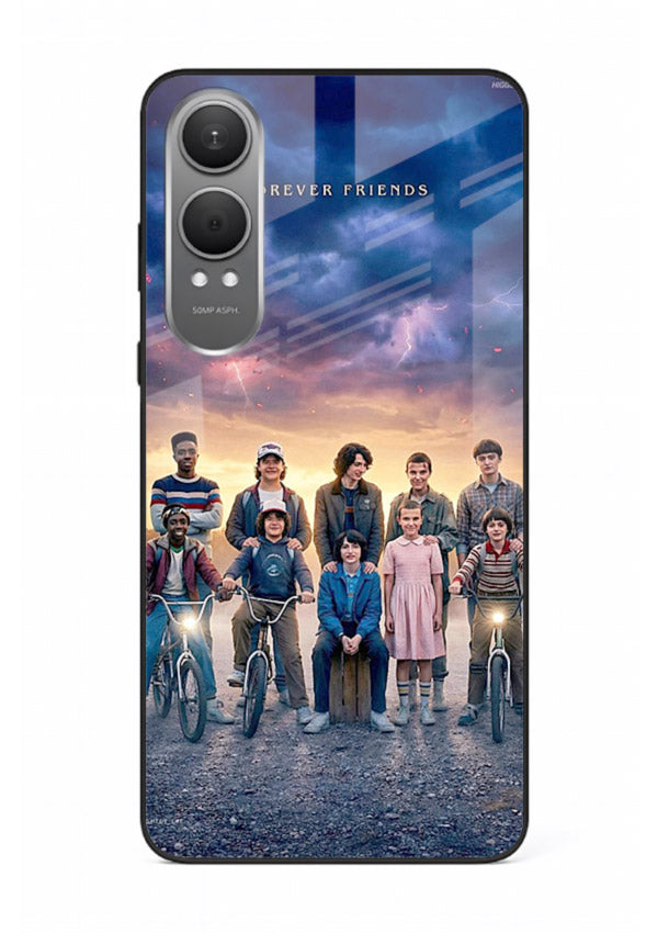 Adventure friends squad artwork printed on premium tempered glass OnePlus Nord CE4 Lite back cover