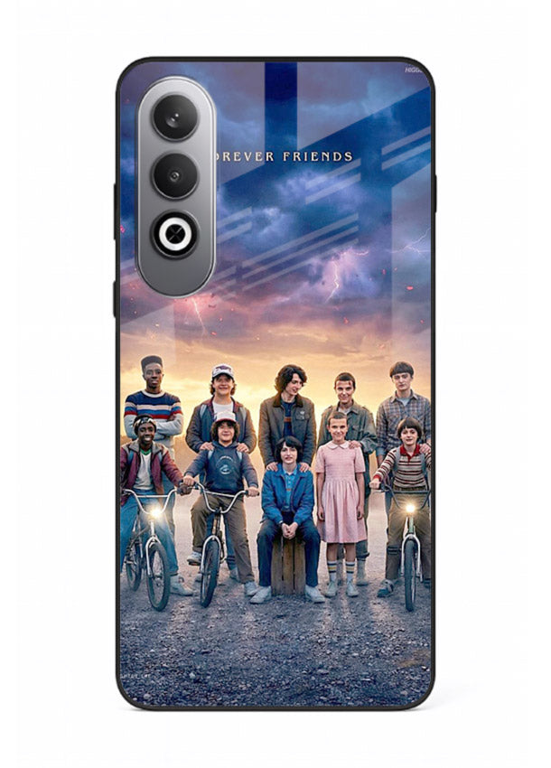 Adventure friends squad artwork printed on premium tempered glass OnePlus Nord CE4 back cover