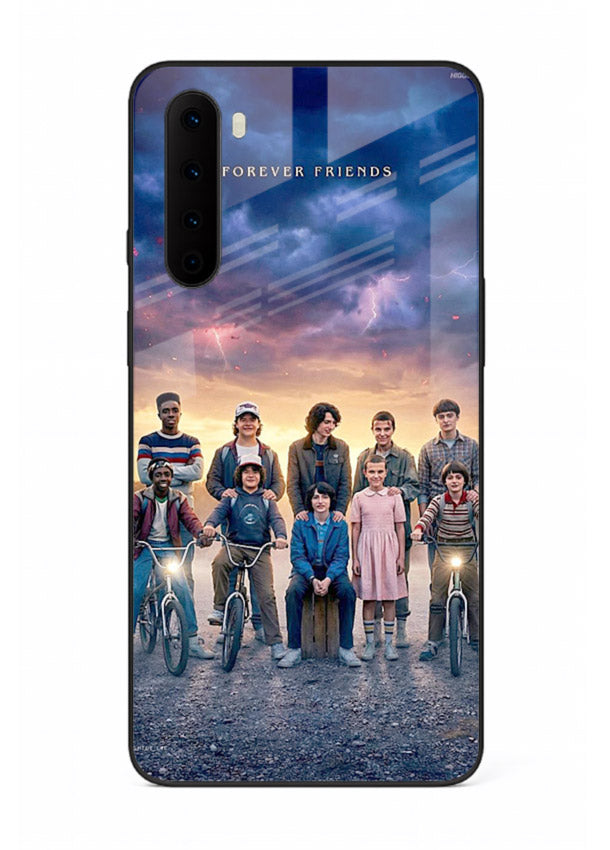 Adventure friends squad artwork printed on premium tempered glass OnePlus Nord back cover