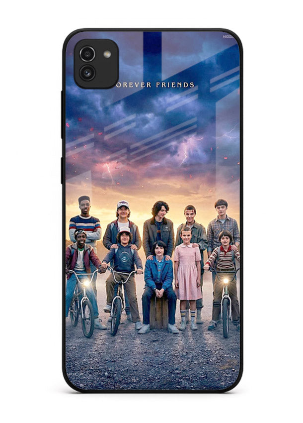 Adventure friends squad artwork printed on premium tempered glass Samsung A03 back cover