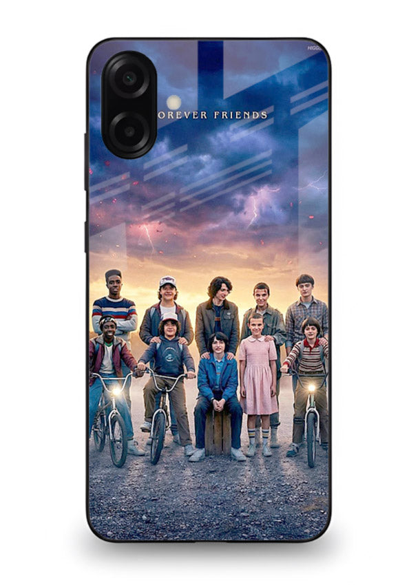 Adventure friends squad artwork printed on premium tempered glass Samsung A06 5G back cover
