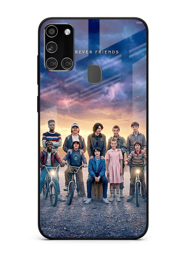Adventure friends squad artwork printed on premium tempered glass Samsung A21s back cover