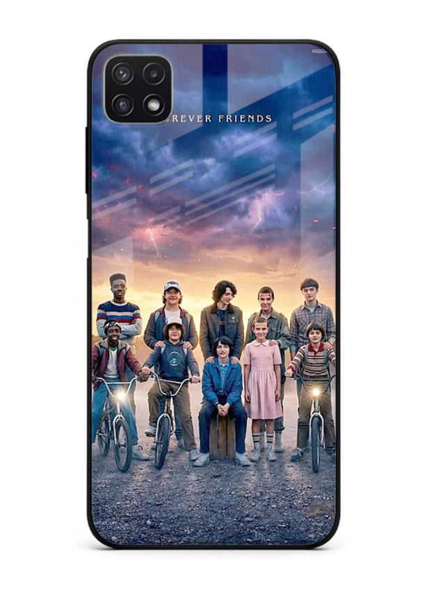 Adventure friends squad artwork printed on premium tempered glass Samsung F42 5G back cover