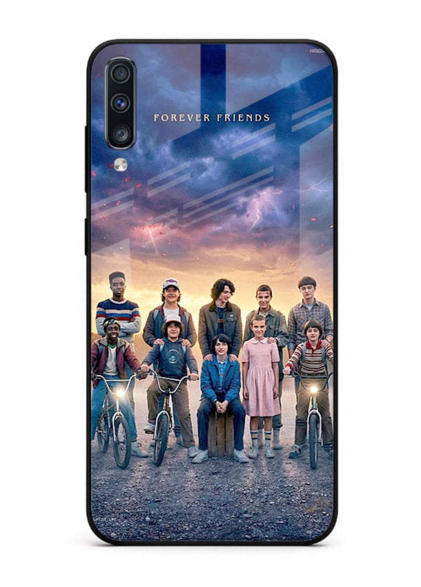 Adventure friends squad artwork printed on premium tempered glass Samsung A50 back cover