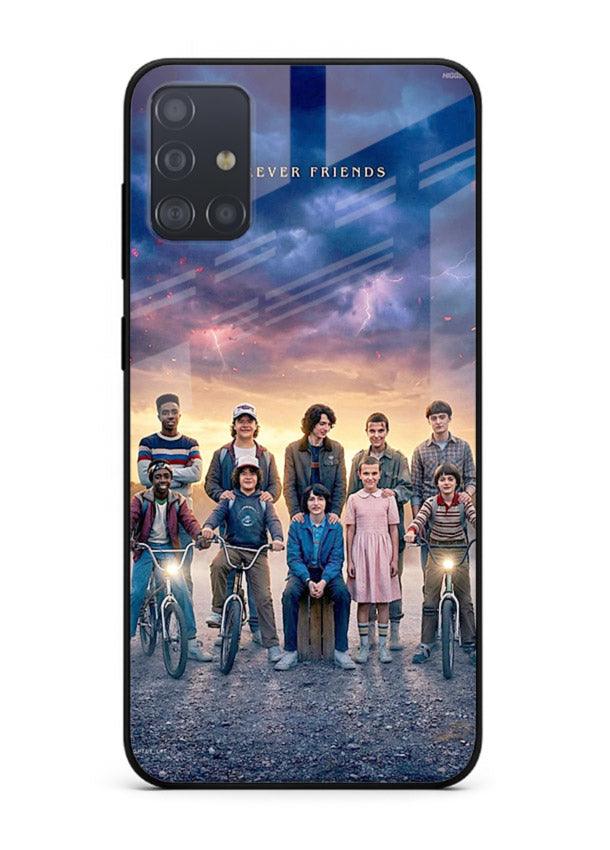 Adventure friends squad artwork printed on premium tempered glass Samsung A51 back cover
