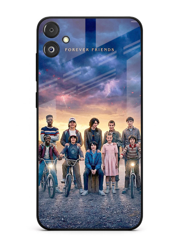 Adventure friends squad artwork printed on premium tempered glass Samsung F14 5G back cover