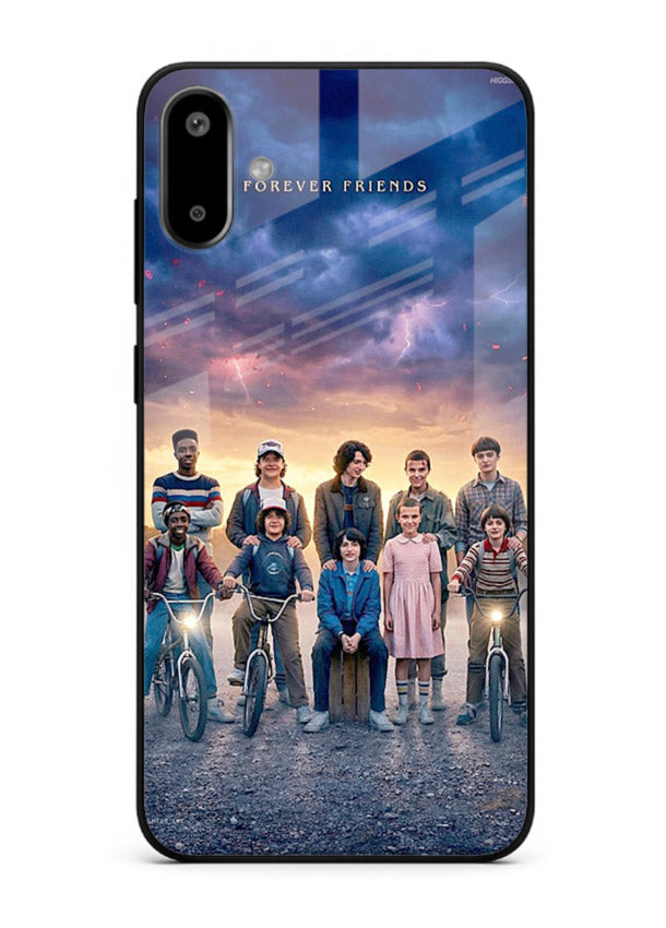 Adventure friends squad artwork printed on premium tempered glass Samsung F06 5G back cover