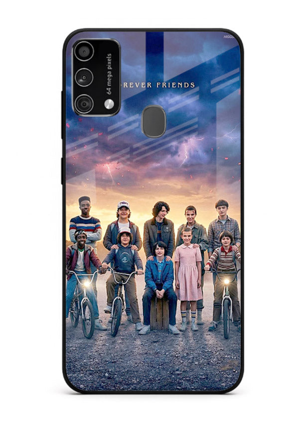 Adventure friends squad artwork printed on premium tempered glass Samsung F41 back cover