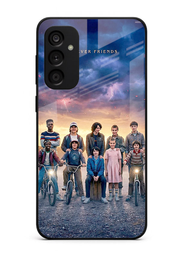 Adventure friends squad artwork printed on premium tempered glass Samsung A04s 5G back cover