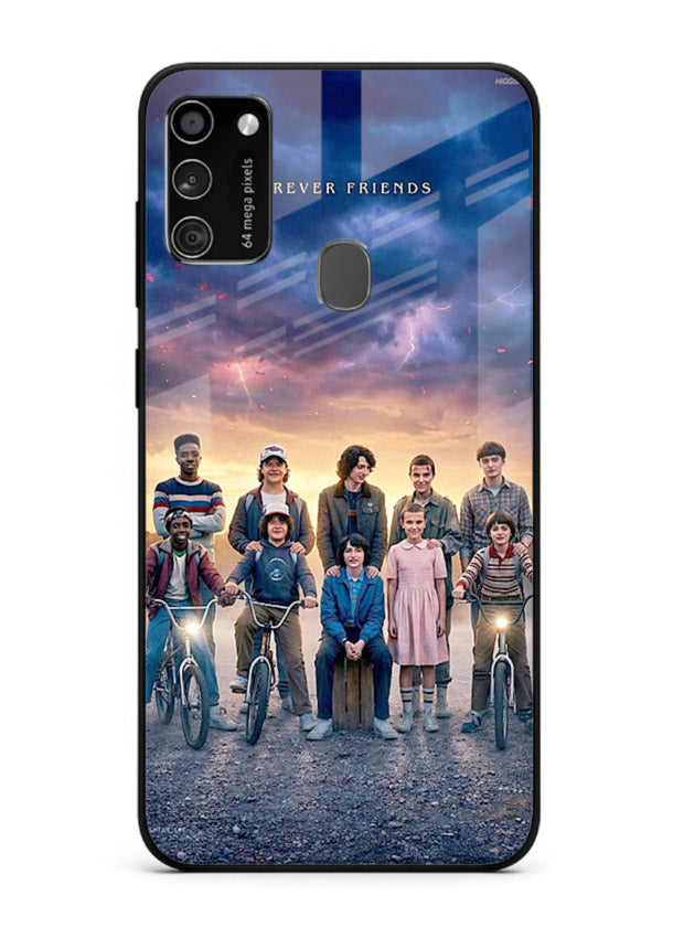 Adventure friends squad artwork printed on premium tempered glass Samsung M21 back cover