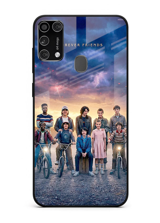 Adventure friends squad artwork printed on premium tempered glass Samsung M31 Prime back cover
