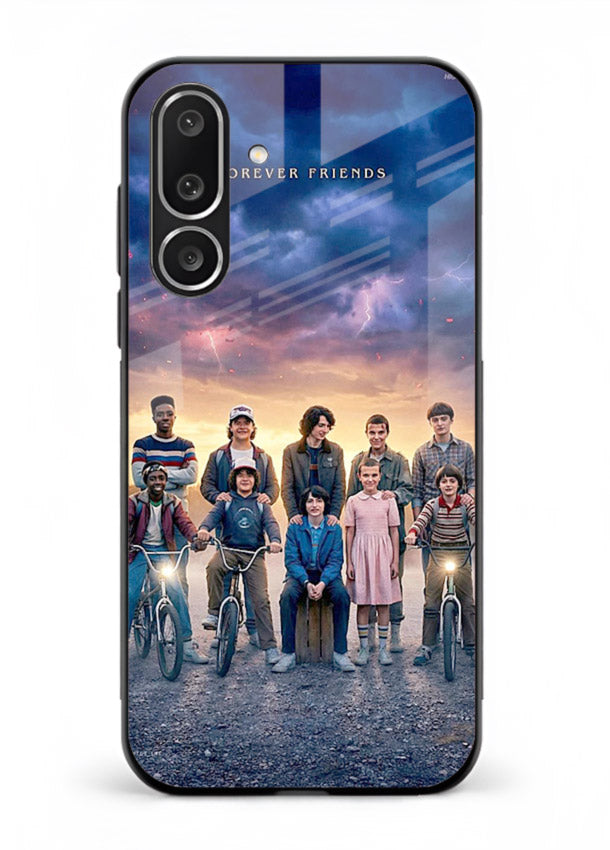 Adventure friends squad artwork printed on premium tempered glass Samsung F56 5G back cover