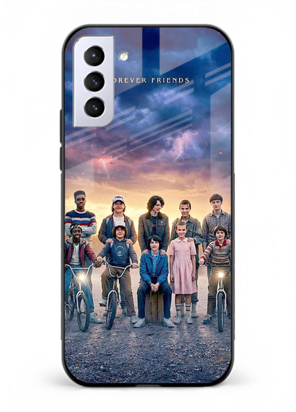 Adventure friends squad artwork printed on premium tempered glass Samsung S21 FE back cover