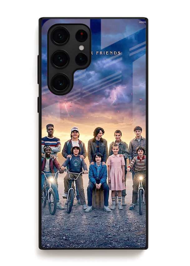 Adventure friends squad artwork printed on premium tempered glass Samsung S25 Ultra back cover