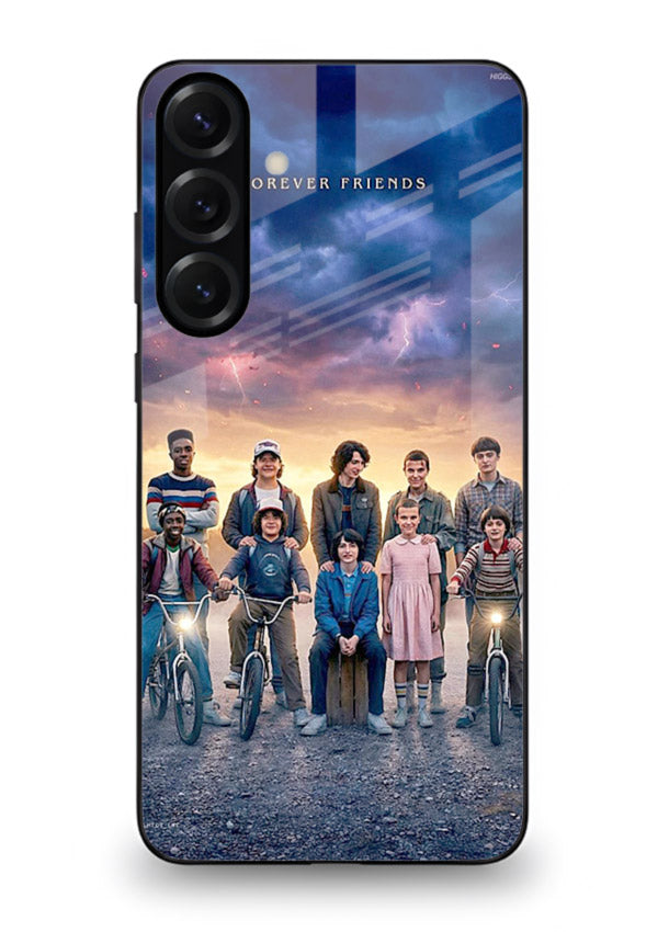 Adventure friends squad artwork printed on premium tempered glass Samsung A35 5G back cover
