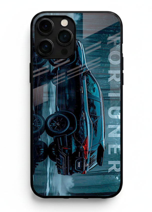 Toyota Fortuner SUV in dark blue reflective setting with bold stance for iPhone 16 Pro Max