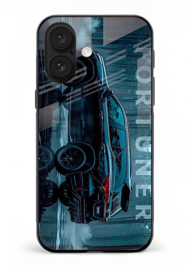 Toyota Fortuner SUV in dark blue reflective setting with bold stance for iPhone 18