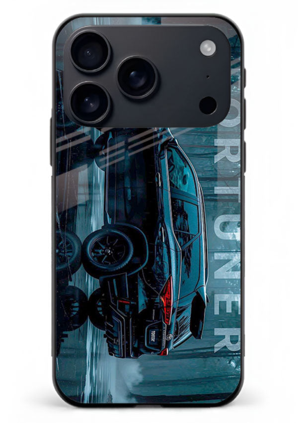 Toyota Fortuner SUV in dark blue reflective setting with bold stance for iPhone 18 Pro Max