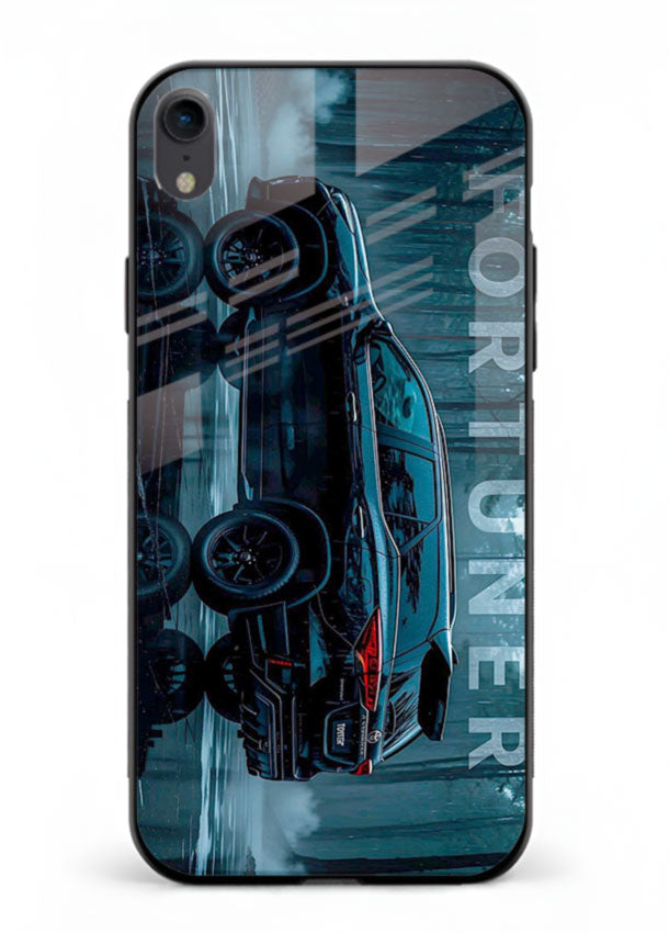 Toyota Fortuner SUV in dark blue reflective setting with bold stance for iPhone XR