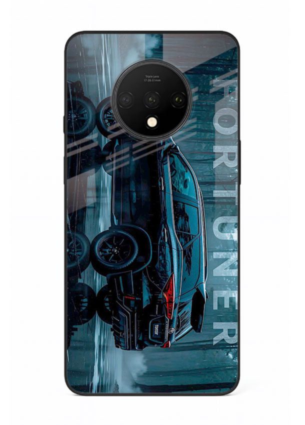Toyota Fortuner SUV in dark blue reflective setting with bold stance for OnePlus 7T