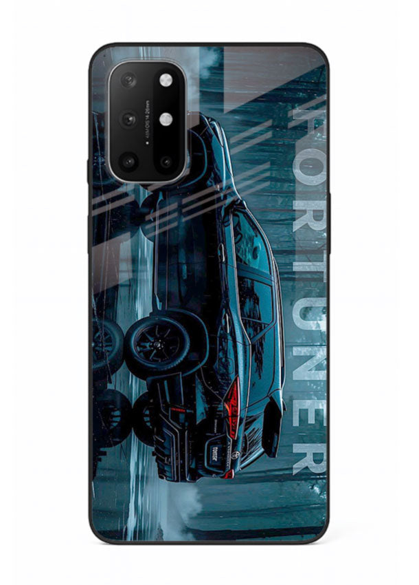 Toyota Fortuner SUV in dark blue reflective setting with bold stance for OnePlus 8T