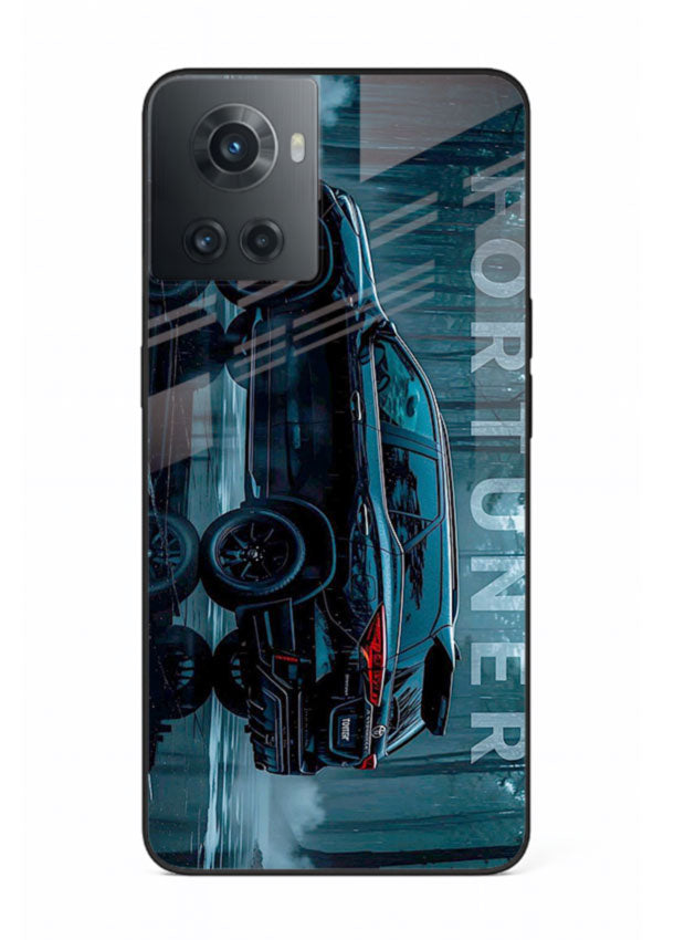 Toyota Fortuner SUV in dark blue reflective setting with bold stance for OnePlus 10R