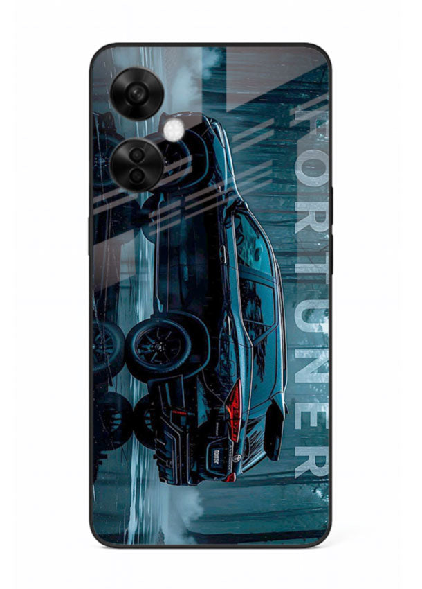 Toyota Fortuner SUV in dark blue reflective setting with bold stance for OnePlus Nord CE3 Lite