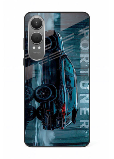 Toyota Fortuner SUV in dark blue reflective setting with bold stance for OnePlus Nord CE4 Lite