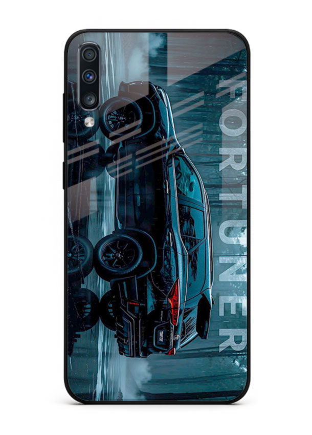 Toyota Fortuner SUV in dark blue reflective setting with bold stance for Samsung A70
