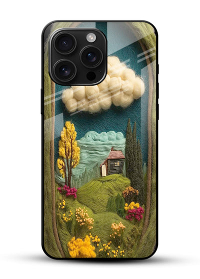 Framed Cottage Meadow scenic cottage meadow artwork glossy vibrant premium glass back cover - Angle Front
