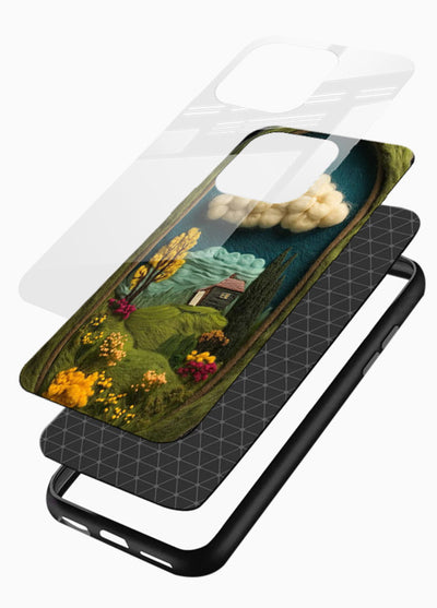 Framed Cottage Meadow scenic cottage meadow artwork glossy vibrant premium glass back cover - Angle Layers