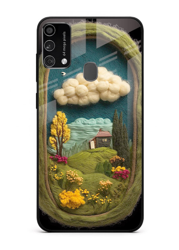 Framed Cottage Meadow scenic cottage meadow artwork Samsung F41 glass back cover