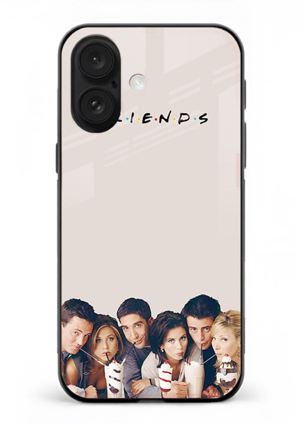 Minimal friends artwork printed on glossy tempered glass iPhone 16 Plus back cover