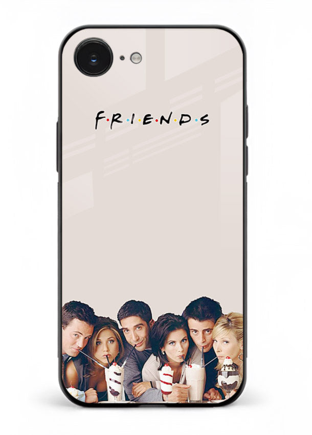 Minimal friends artwork printed on glossy tempered glass iPhone 16E back cover