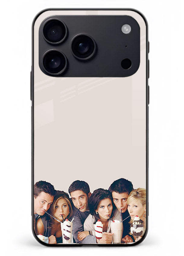 Minimal friends artwork printed on glossy tempered glass iPhone 18 Pro Max back cover